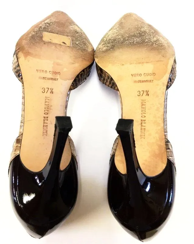 MANOLO BLAHNIK PATENT LEATHER/PYTHON D'ORSAY PUMPS SIZE 37 1/2