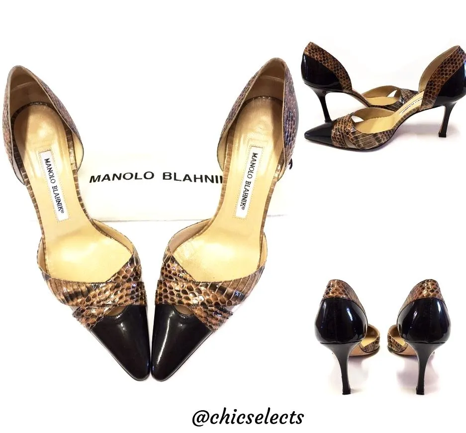 MANOLO BLAHNIK PATENT LEATHER/PYTHON D'ORSAY PUMPS SIZE 37 1/2
