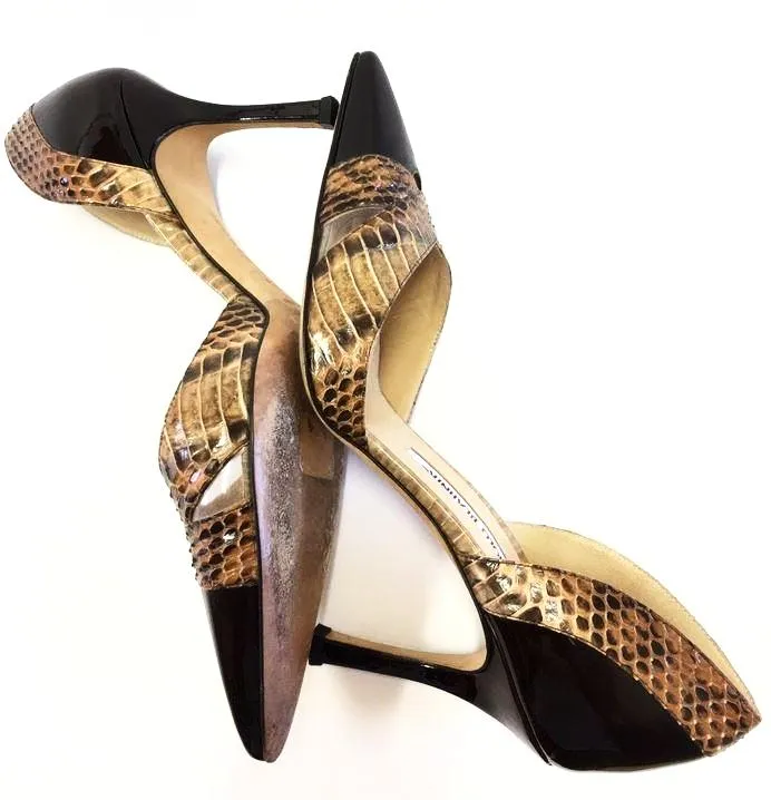 MANOLO BLAHNIK PATENT LEATHER/PYTHON D'ORSAY PUMPS SIZE 37 1/2