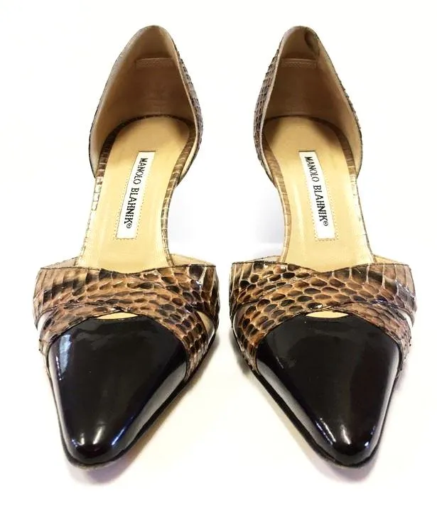 MANOLO BLAHNIK PATENT LEATHER/PYTHON D'ORSAY PUMPS SIZE 37 1/2