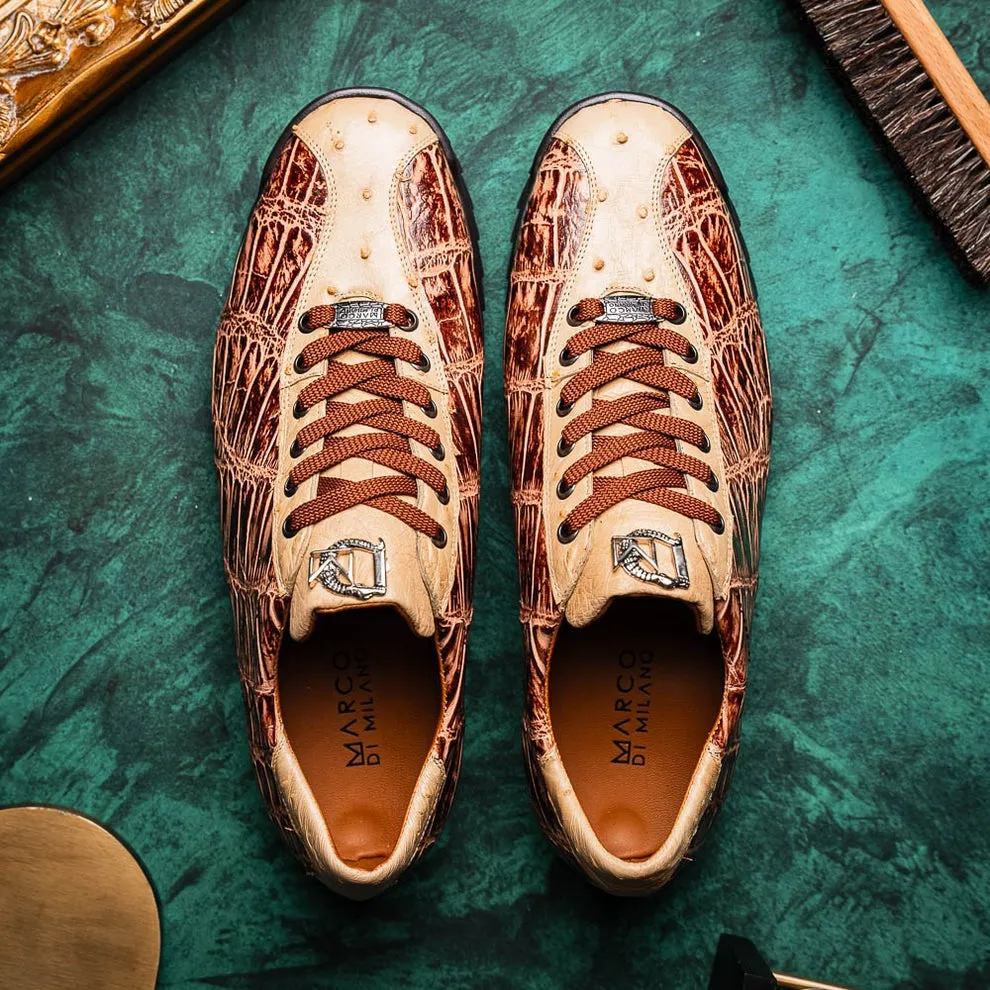 Marco Di Milano Saulo Men's Shoes Green & Cognac Exotic Ostrich / Alligator Casual Sneakers (MDM1045)