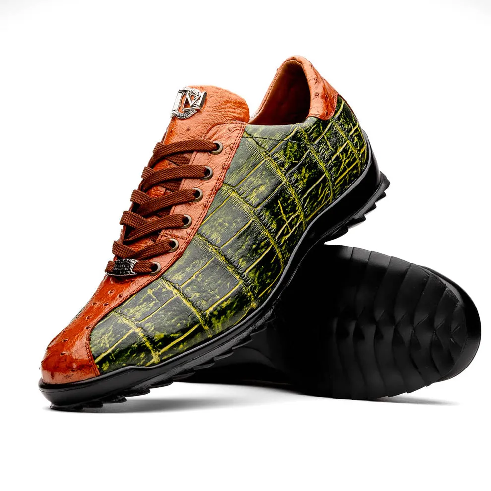 Marco Di Milano Saulo Men's Shoes Green & Cognac Exotic Ostrich / Alligator Casual Sneakers (MDM1045)