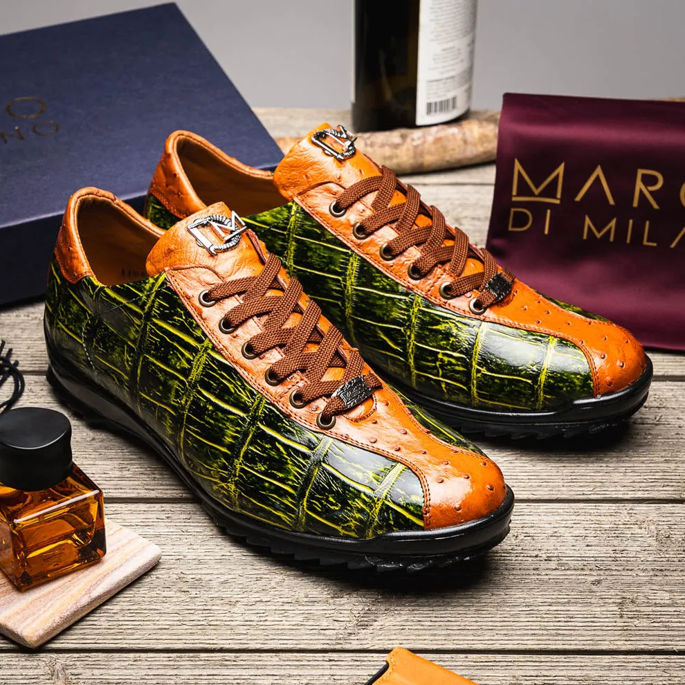 Marco Di Milano Saulo Men's Shoes Green & Cognac Exotic Ostrich / Alligator Casual Sneakers (MDM1045)