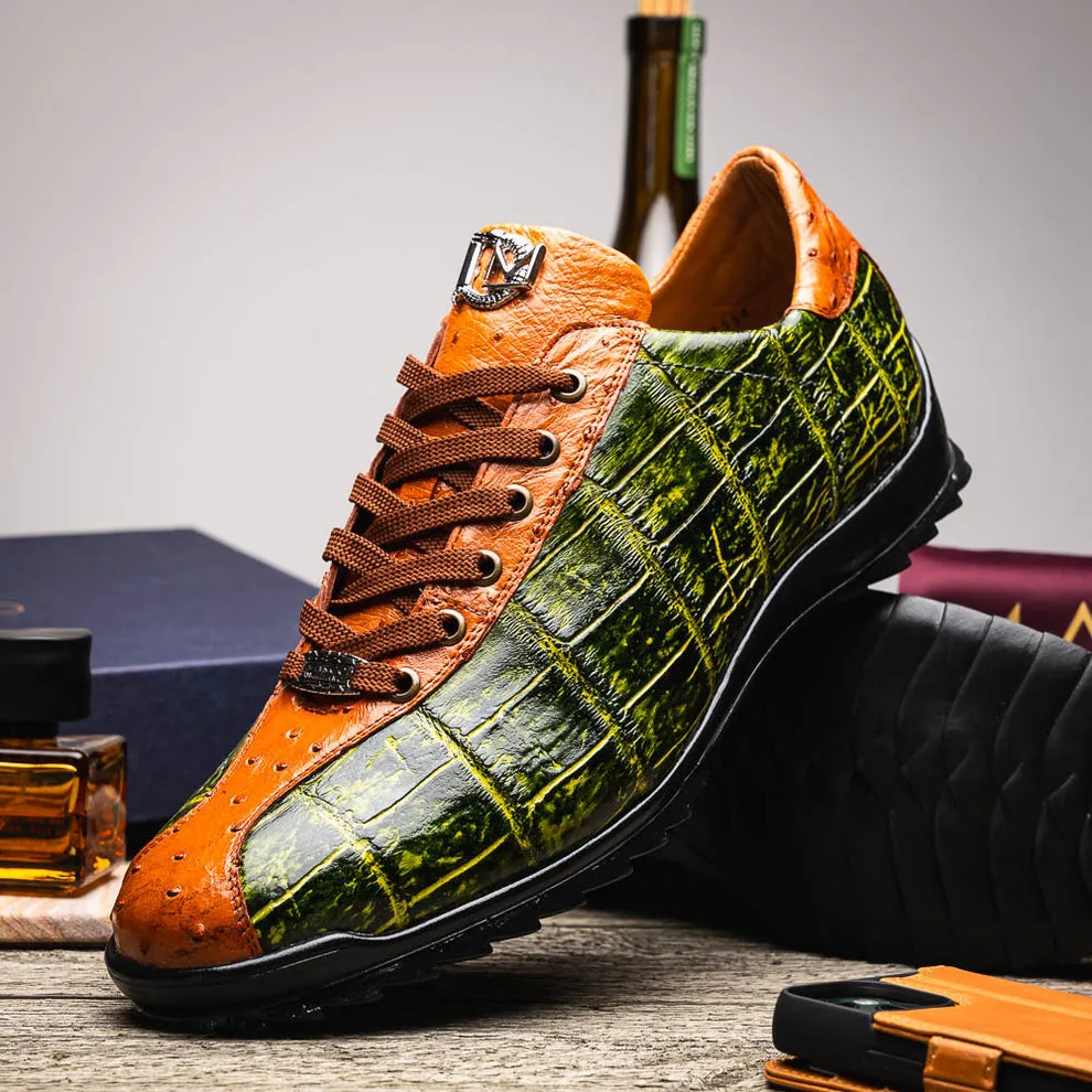 Marco Di Milano Saulo Men's Shoes Green & Cognac Exotic Ostrich / Alligator Casual Sneakers (MDM1045)
