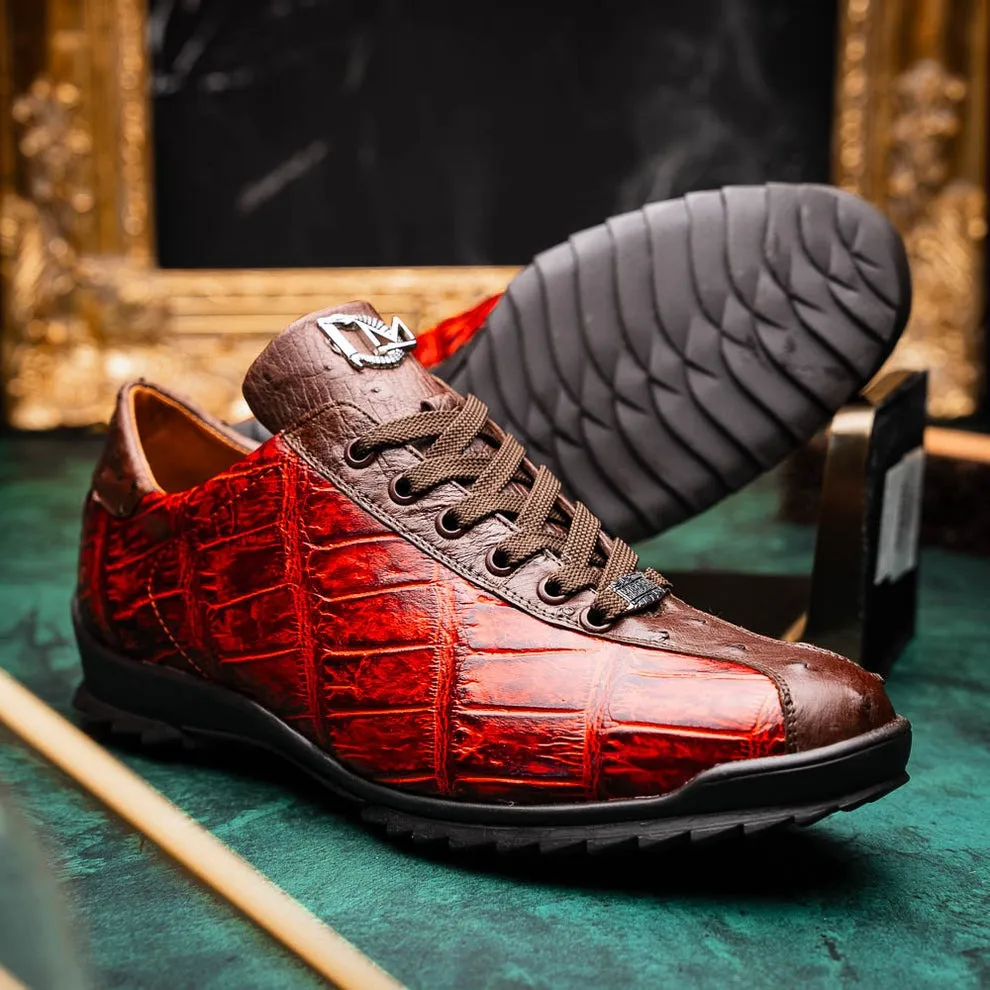 Marco Di Milano Saulo Men's Shoes Green & Cognac Exotic Ostrich / Alligator Casual Sneakers (MDM1045)