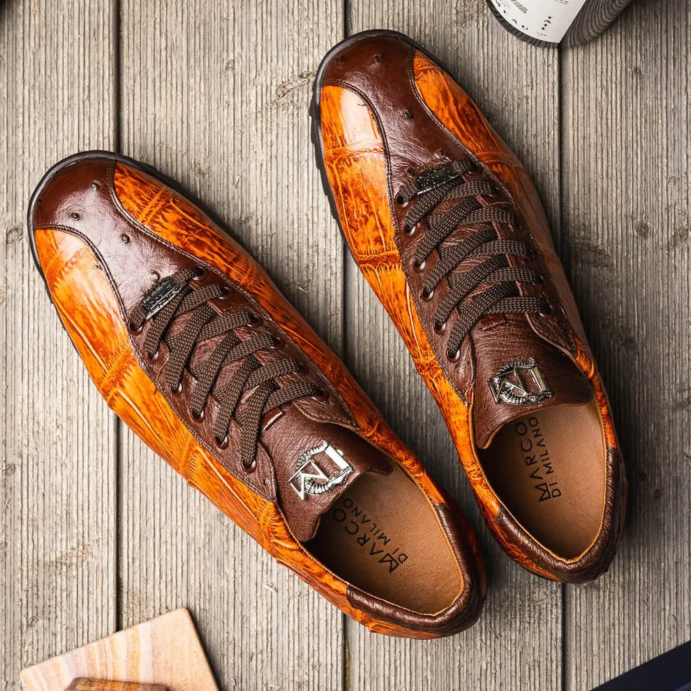 Marco Di Milano Saulo Men's Shoes Green & Cognac Exotic Ostrich / Alligator Casual Sneakers (MDM1045)