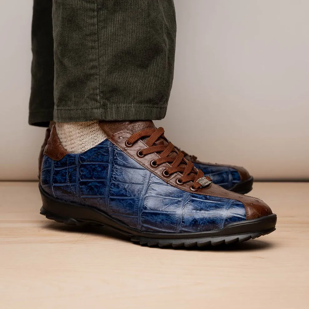 Marco Di Milano Saulo Men's Shoes Green & Cognac Exotic Ostrich / Alligator Casual Sneakers (MDM1045)