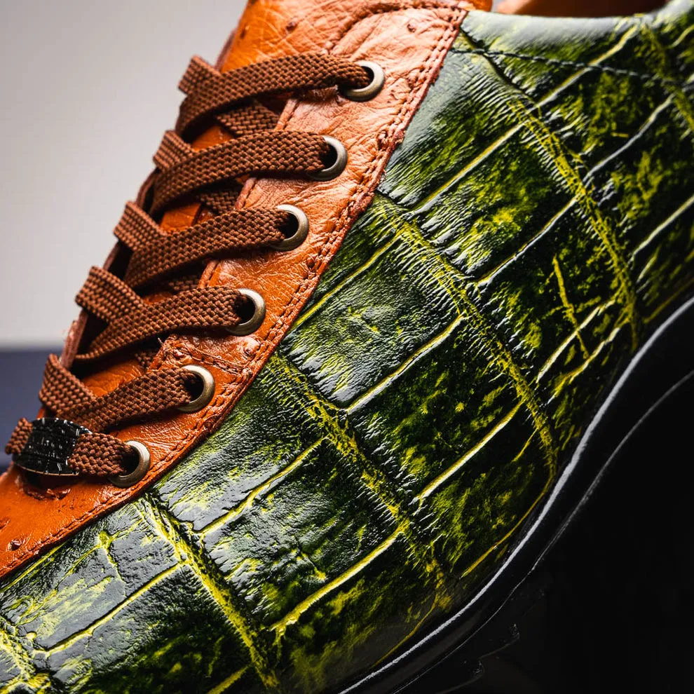 Marco Di Milano Saulo Men's Shoes Green & Cognac Exotic Ostrich / Alligator Casual Sneakers (MDM1045)