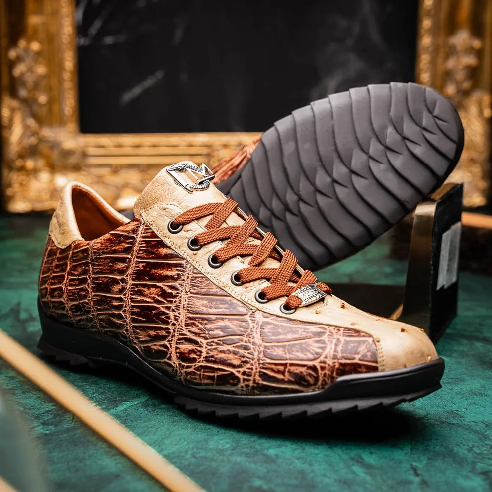Marco Di Milano Saulo Men's Shoes Green & Cognac Exotic Ostrich / Alligator Casual Sneakers (MDM1045)