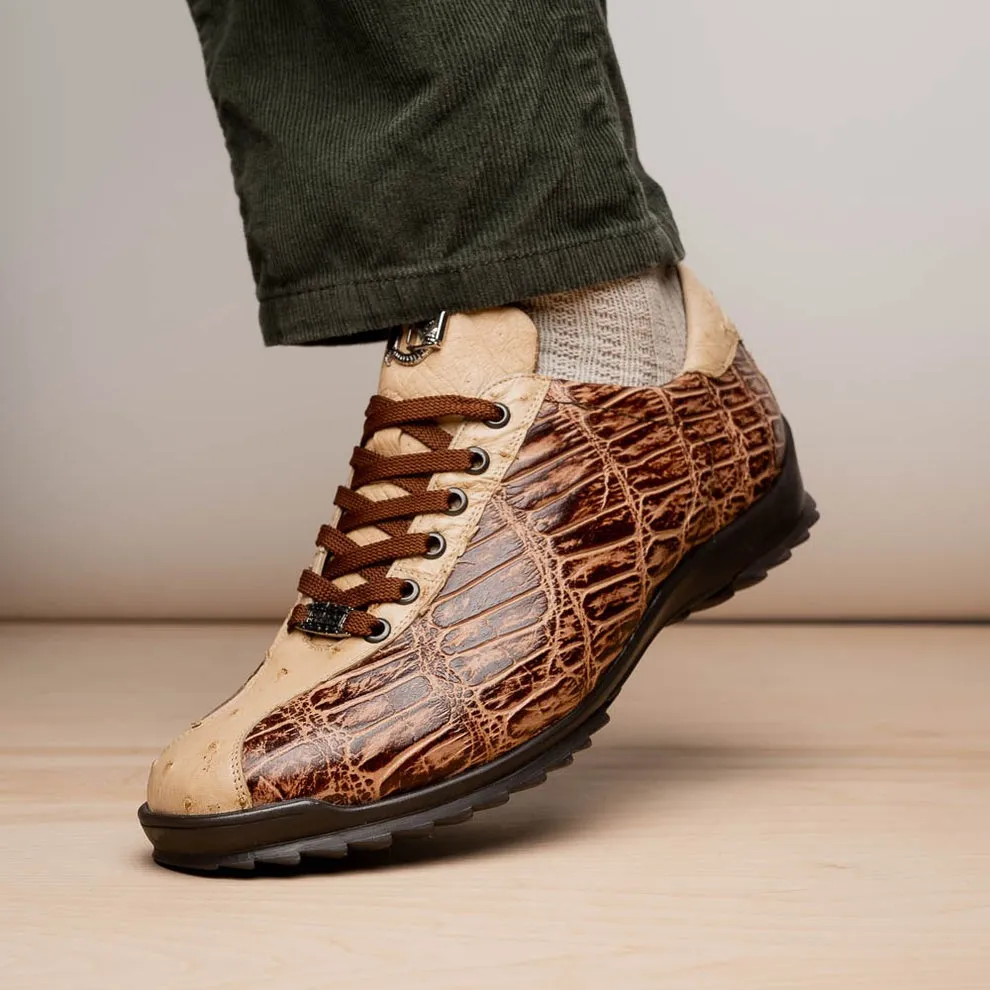Marco Di Milano Saulo Men's Shoes Green & Cognac Exotic Ostrich / Alligator Casual Sneakers (MDM1045)