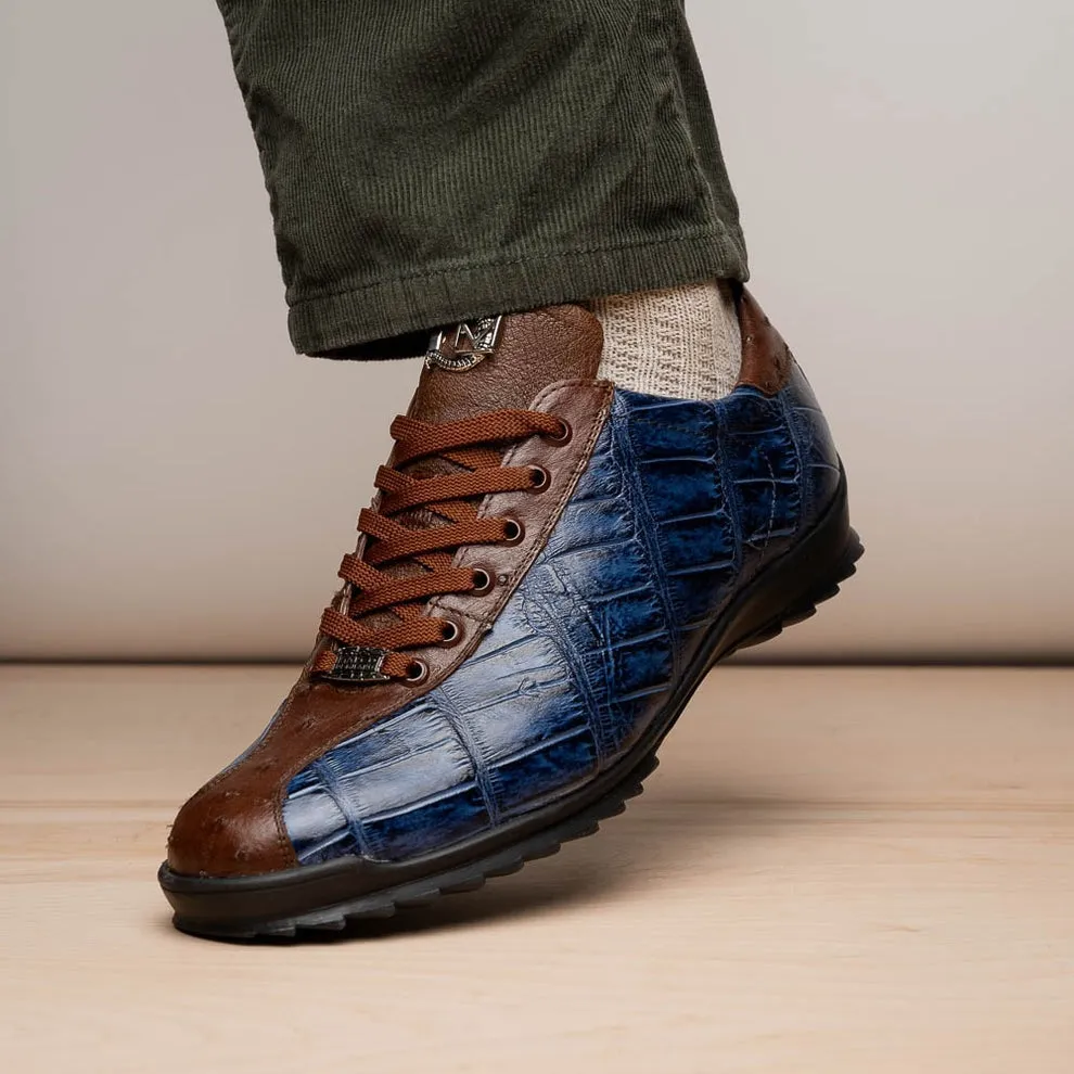 Marco Di Milano Saulo Men's Shoes Green & Cognac Exotic Ostrich / Alligator Casual Sneakers (MDM1045)
