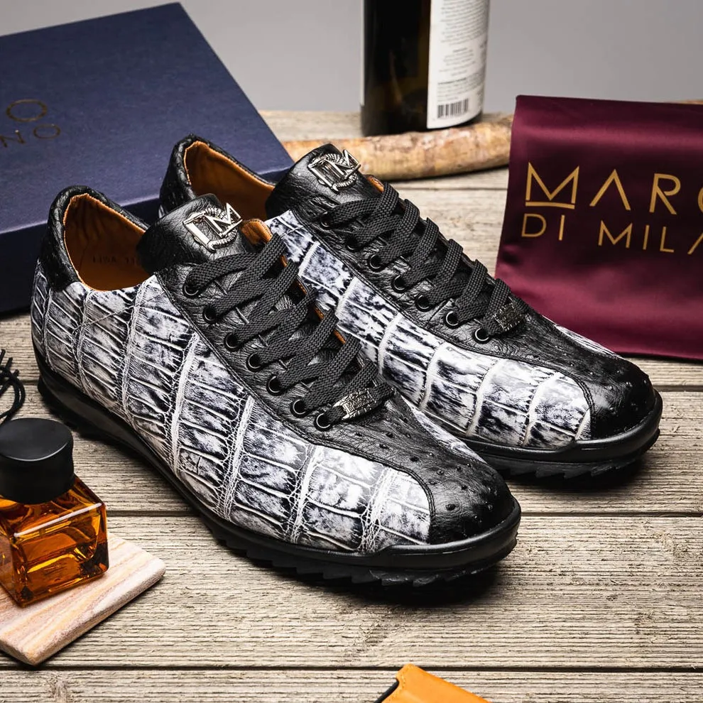 Marco Di Milano Saulo Men's Shoes Green & Cognac Exotic Ostrich / Alligator Casual Sneakers (MDM1045)
