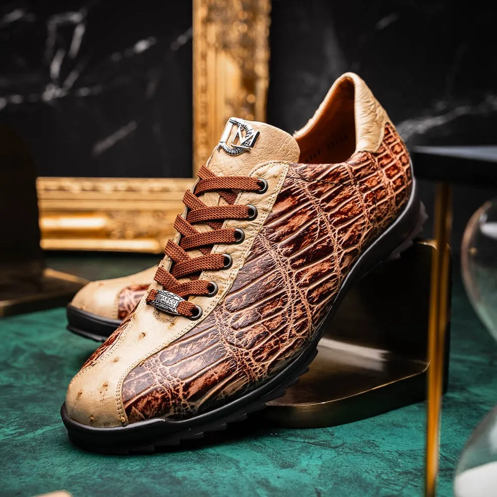 Marco Di Milano Saulo Men's Shoes Green & Cognac Exotic Ostrich / Alligator Casual Sneakers (MDM1045)