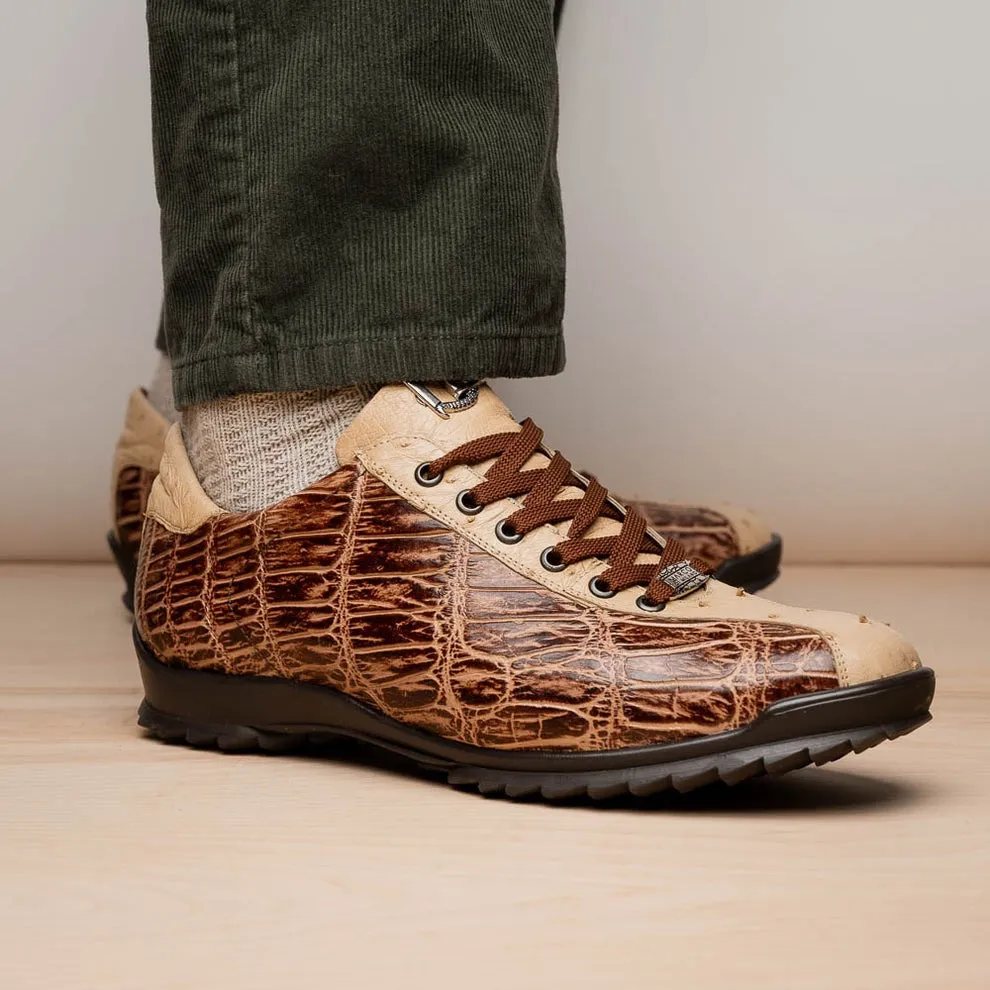 Marco Di Milano Saulo Men's Shoes Green & Cognac Exotic Ostrich / Alligator Casual Sneakers (MDM1045)