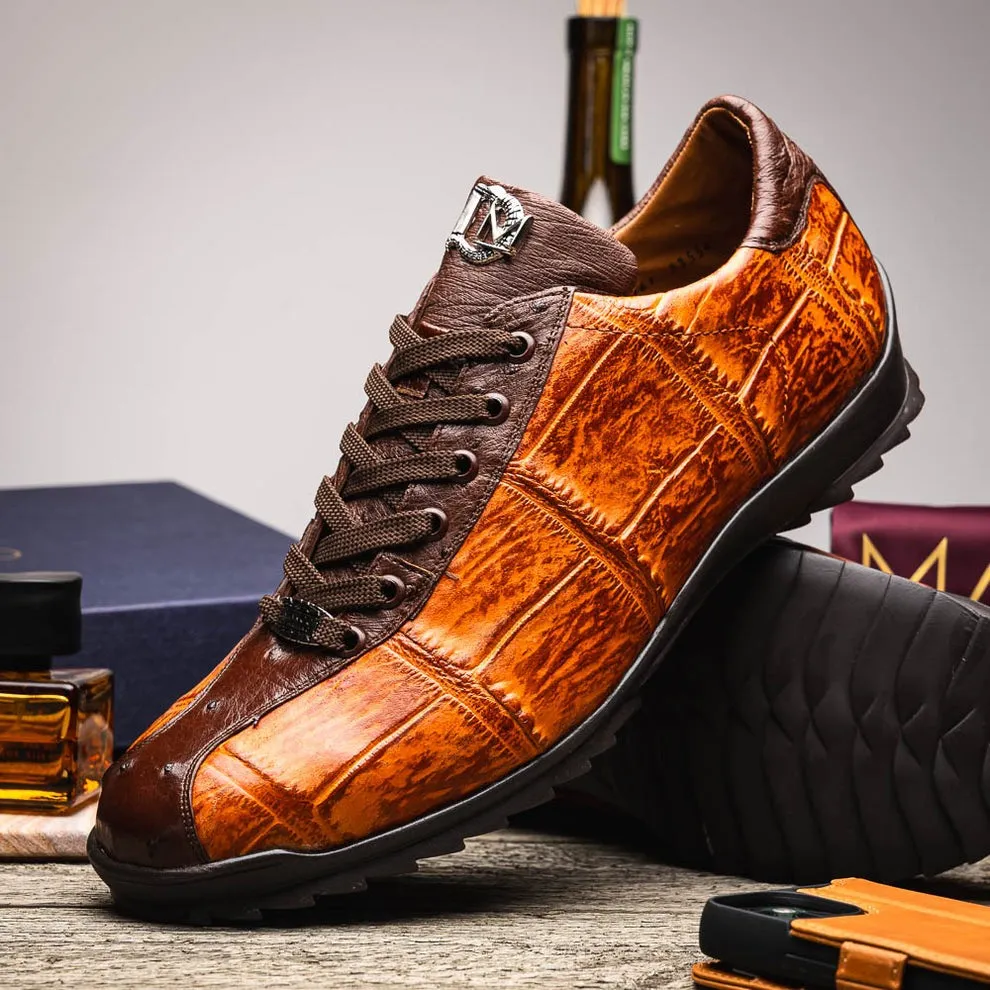 Marco Di Milano Saulo Men's Shoes Green & Cognac Exotic Ostrich / Alligator Casual Sneakers (MDM1045)