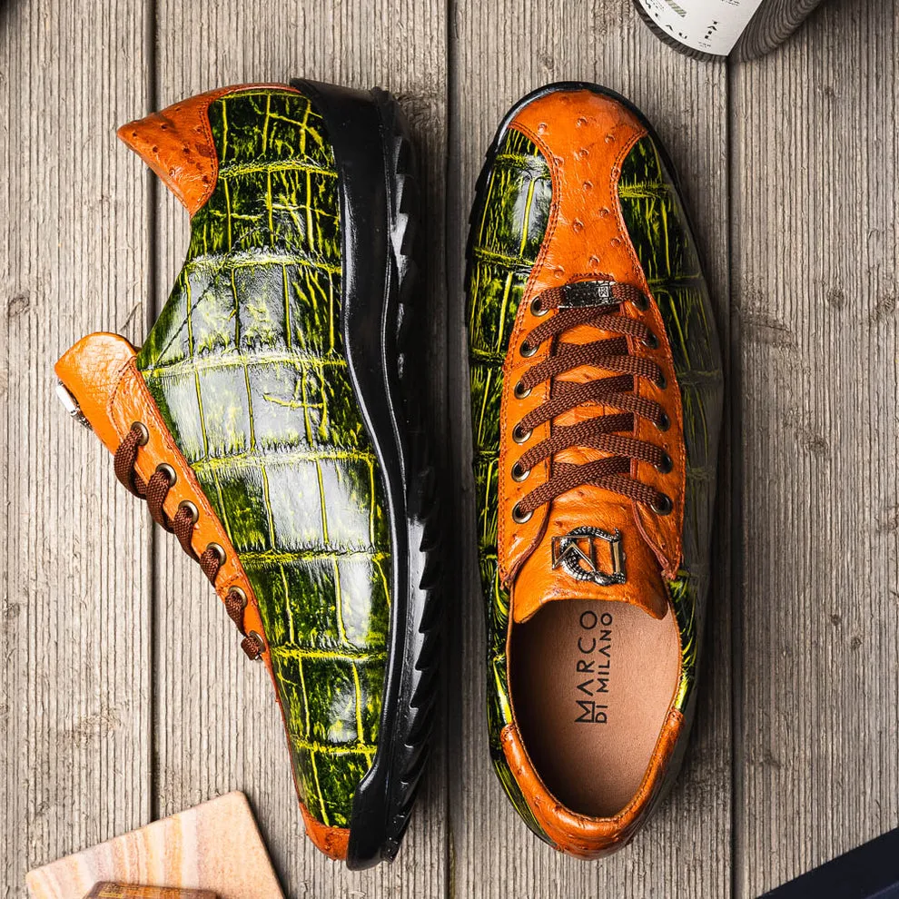 Marco Di Milano Saulo Men's Shoes Green & Cognac Exotic Ostrich / Alligator Casual Sneakers (MDM1045)