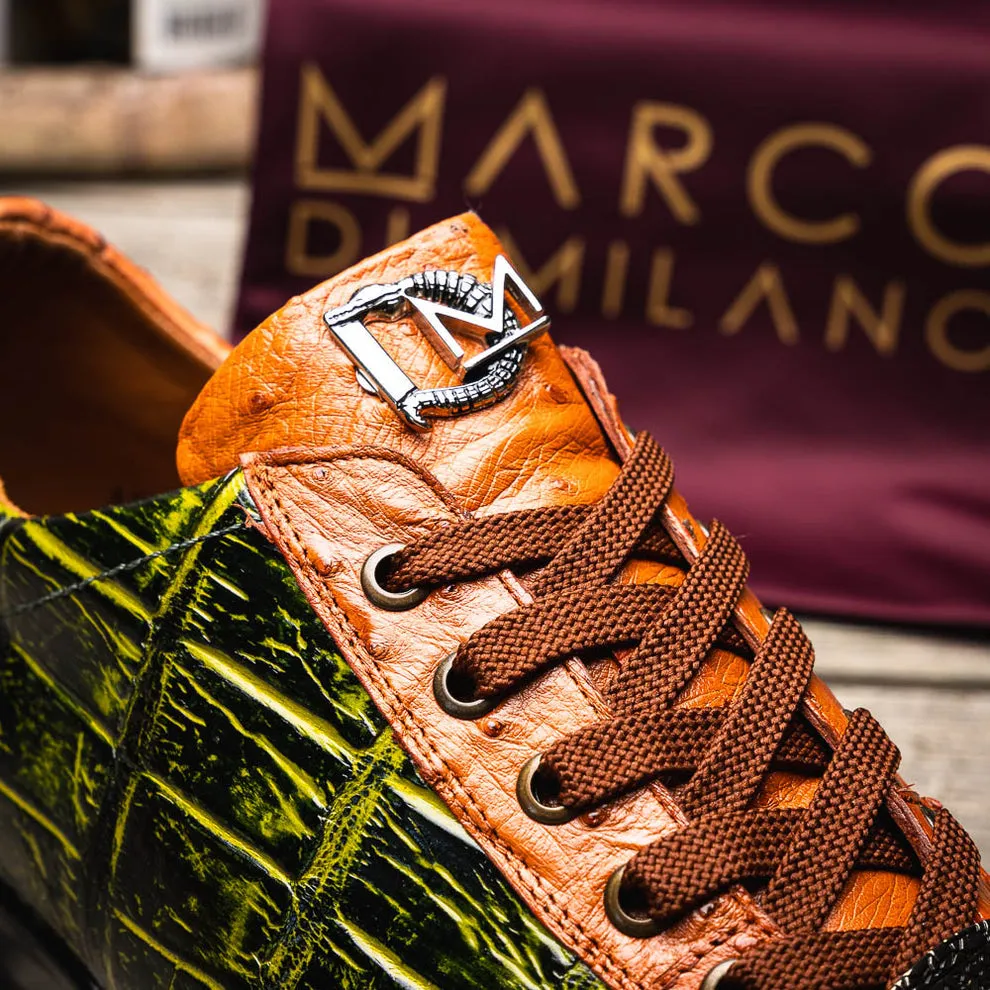 Marco Di Milano Saulo Men's Shoes Green & Cognac Exotic Ostrich / Alligator Casual Sneakers (MDM1045)