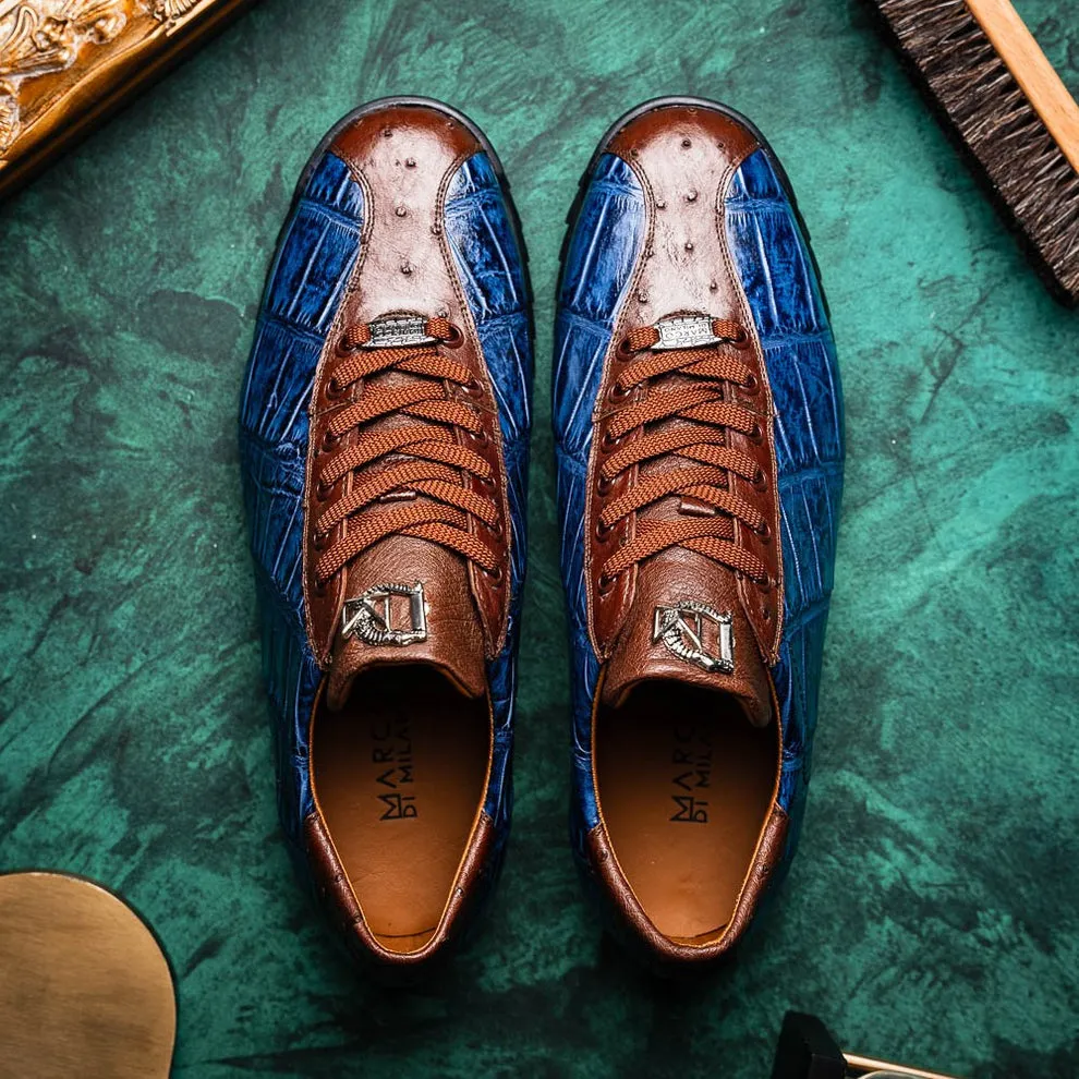 Marco Di Milano Saulo Men's Shoes Green & Cognac Exotic Ostrich / Alligator Casual Sneakers (MDM1045)