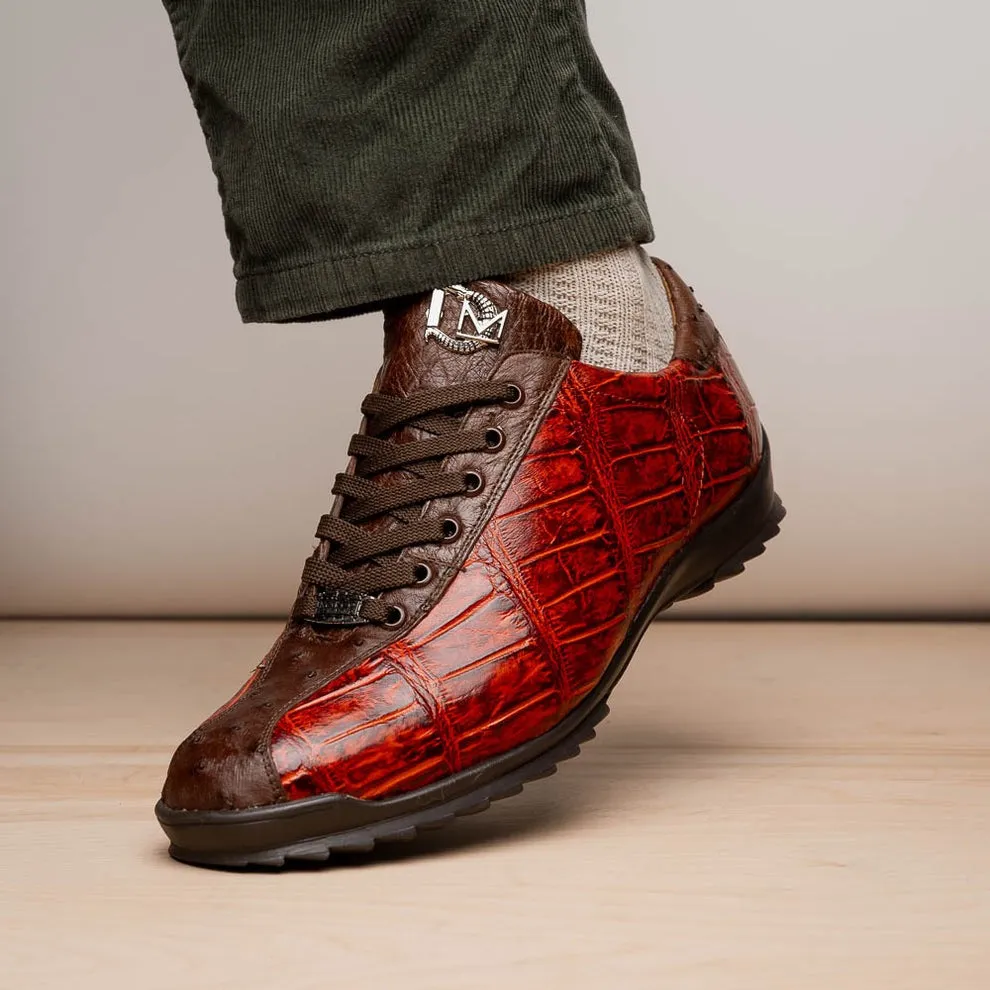 Marco Di Milano Saulo Men's Shoes Green & Cognac Exotic Ostrich / Alligator Casual Sneakers (MDM1045)