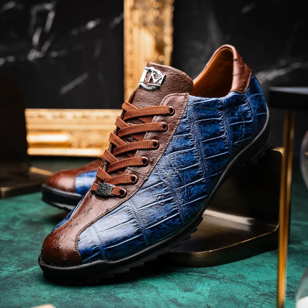 Marco Di Milano Saulo Men's Shoes Green & Cognac Exotic Ostrich / Alligator Casual Sneakers (MDM1045)
