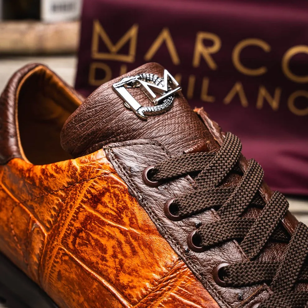 Marco Di Milano Saulo Men's Shoes Green & Cognac Exotic Ostrich / Alligator Casual Sneakers (MDM1045)