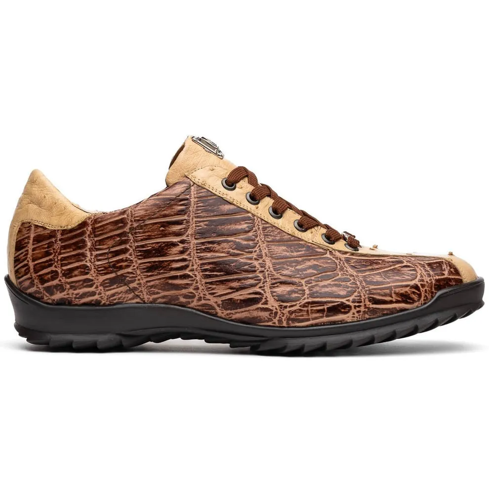 Marco Di Milano Saulo Men's Shoes Green & Cognac Exotic Ostrich / Alligator Casual Sneakers (MDM1045)