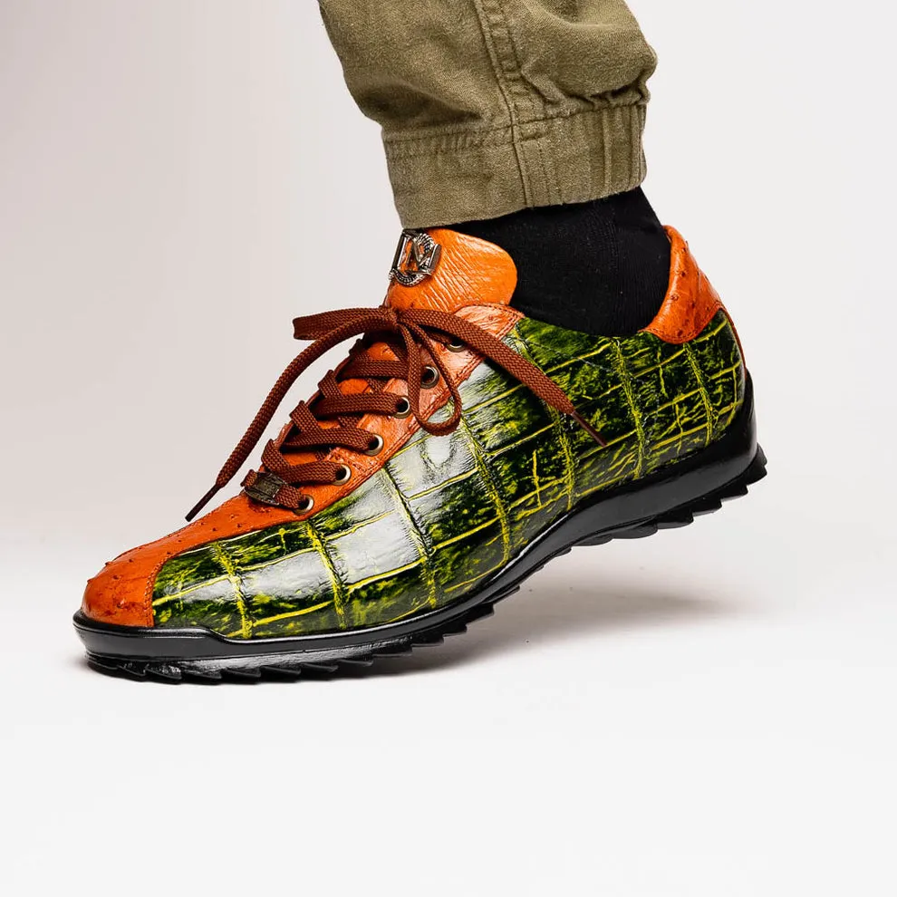 Marco Di Milano Saulo Men's Shoes Green & Cognac Exotic Ostrich / Alligator Casual Sneakers (MDM1045)