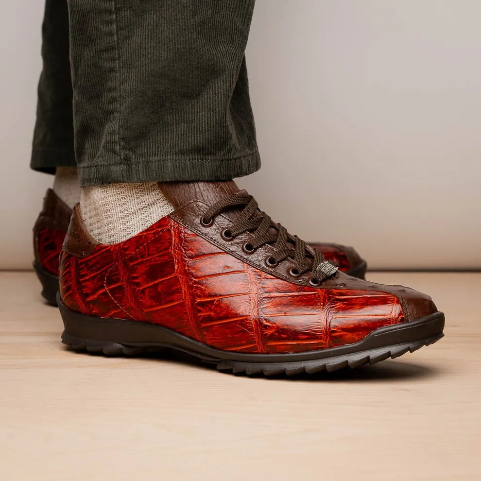 Marco Di Milano Saulo Men's Shoes Green & Cognac Exotic Ostrich / Alligator Casual Sneakers (MDM1045)