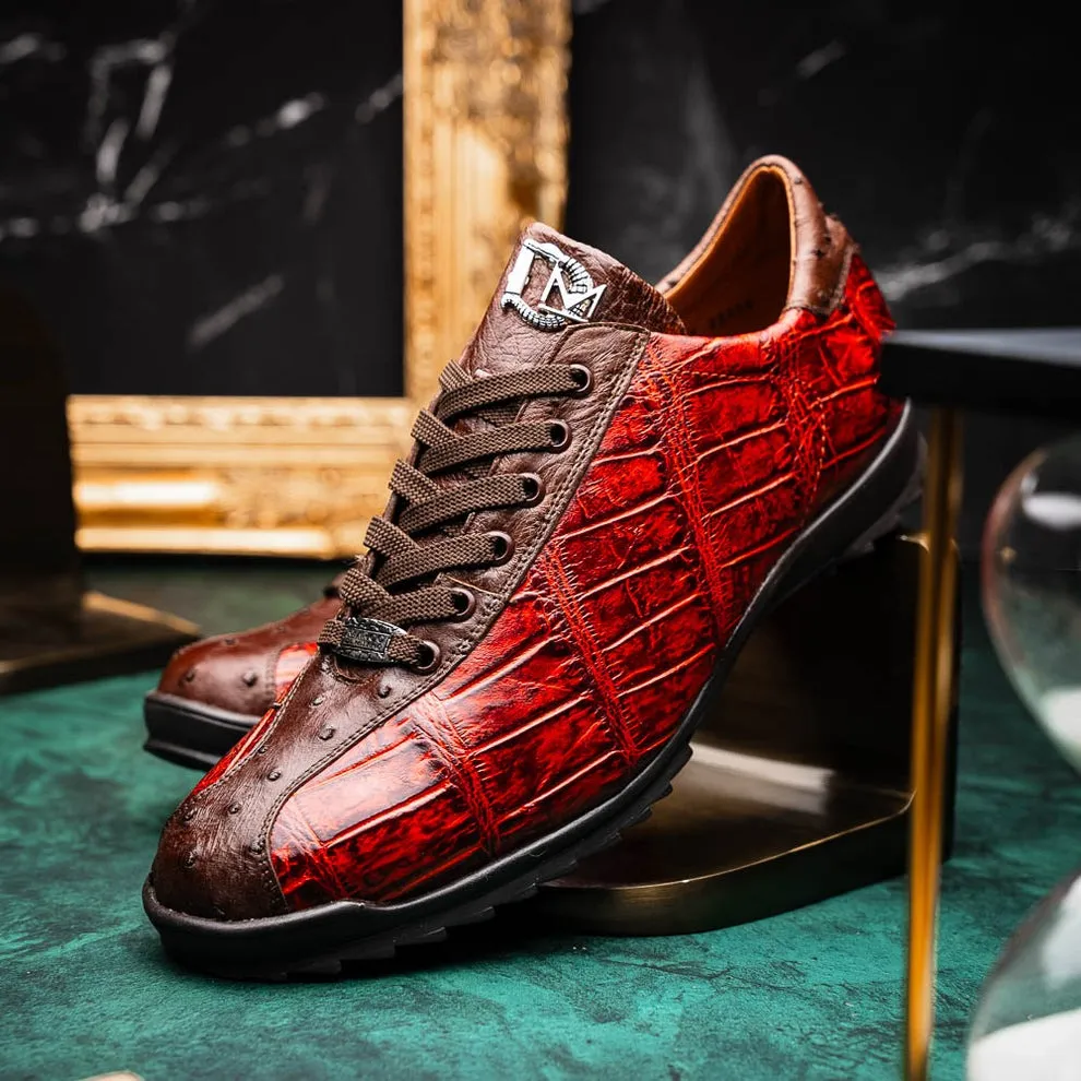 Marco Di Milano Saulo Men's Shoes Green & Cognac Exotic Ostrich / Alligator Casual Sneakers (MDM1045)