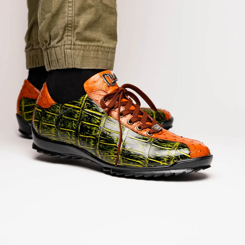 Marco Di Milano Saulo Men's Shoes Green & Cognac Exotic Ostrich / Alligator Casual Sneakers (MDM1045)