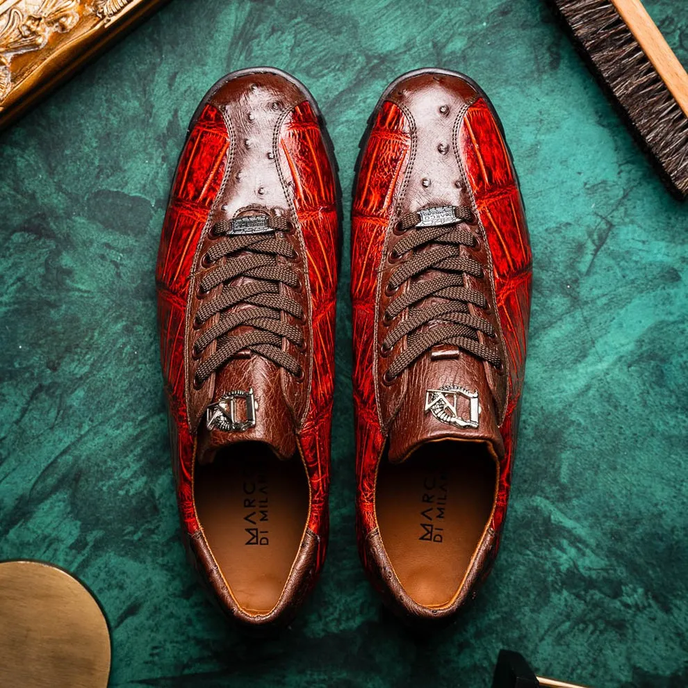 Marco Di Milano Saulo Men's Shoes Green & Cognac Exotic Ostrich / Alligator Casual Sneakers (MDM1045)