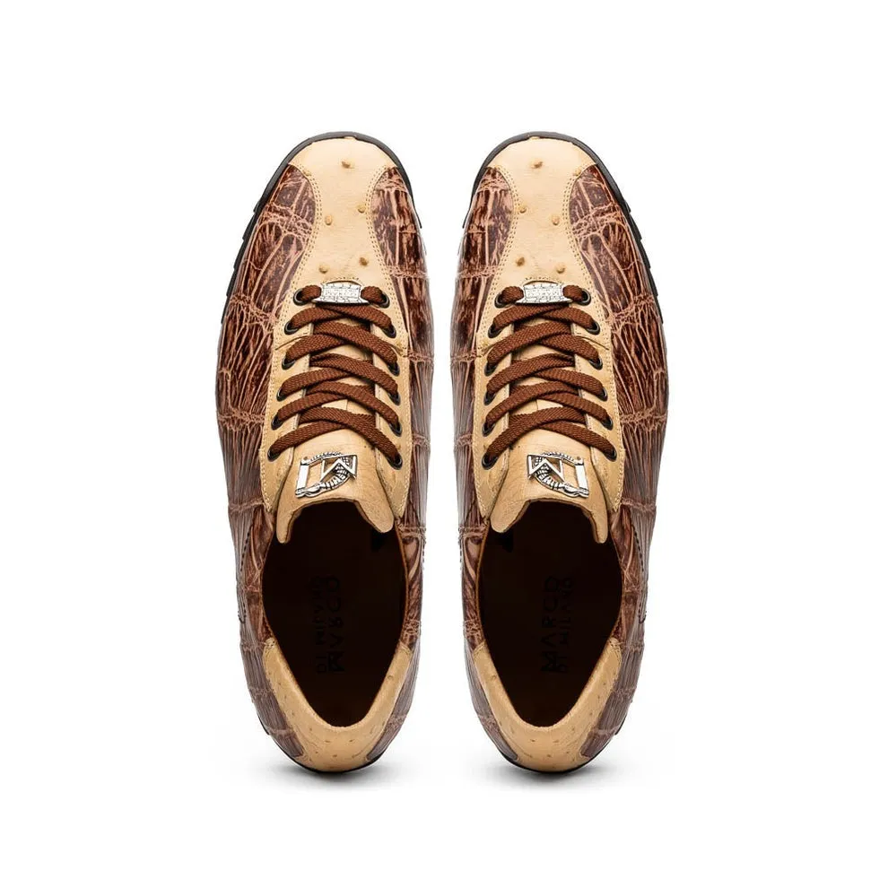 Marco Di Milano Saulo Men's Shoes Green & Cognac Exotic Ostrich / Alligator Casual Sneakers (MDM1045)