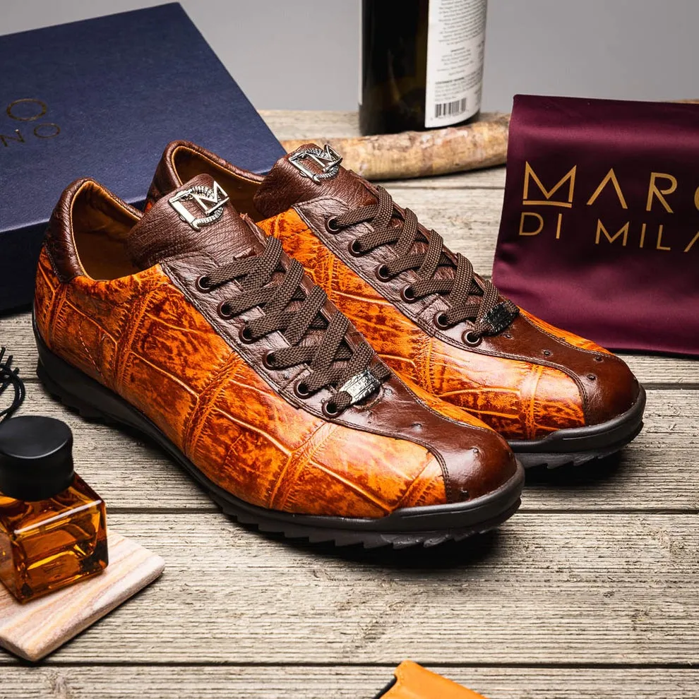 Marco Di Milano Saulo Men's Shoes Green & Cognac Exotic Ostrich / Alligator Casual Sneakers (MDM1045)