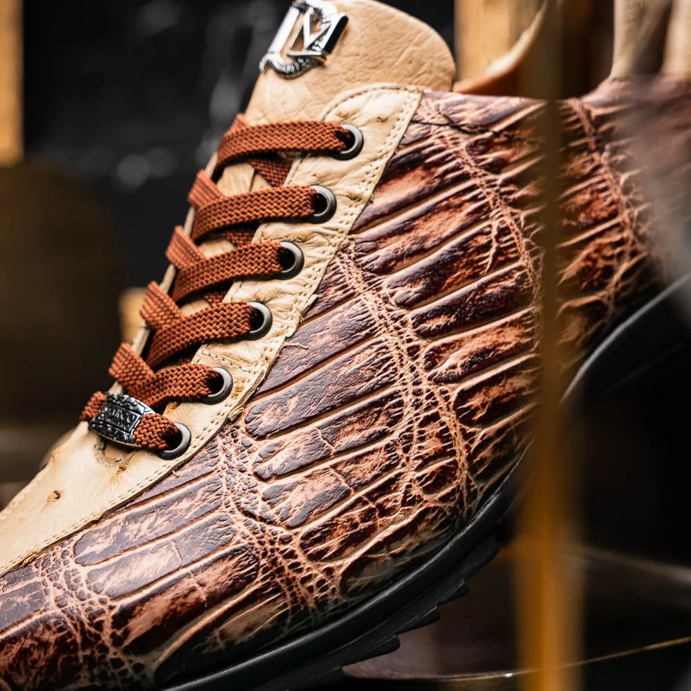 Marco Di Milano Saulo Men's Shoes Green & Cognac Exotic Ostrich / Alligator Casual Sneakers (MDM1045)