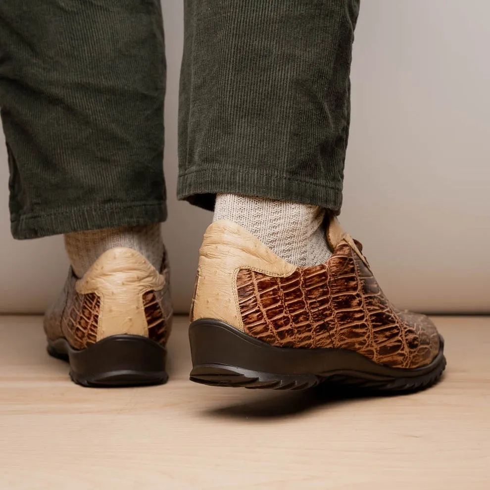 Marco Di Milano Saulo Men's Shoes Green & Cognac Exotic Ostrich / Alligator Casual Sneakers (MDM1045)