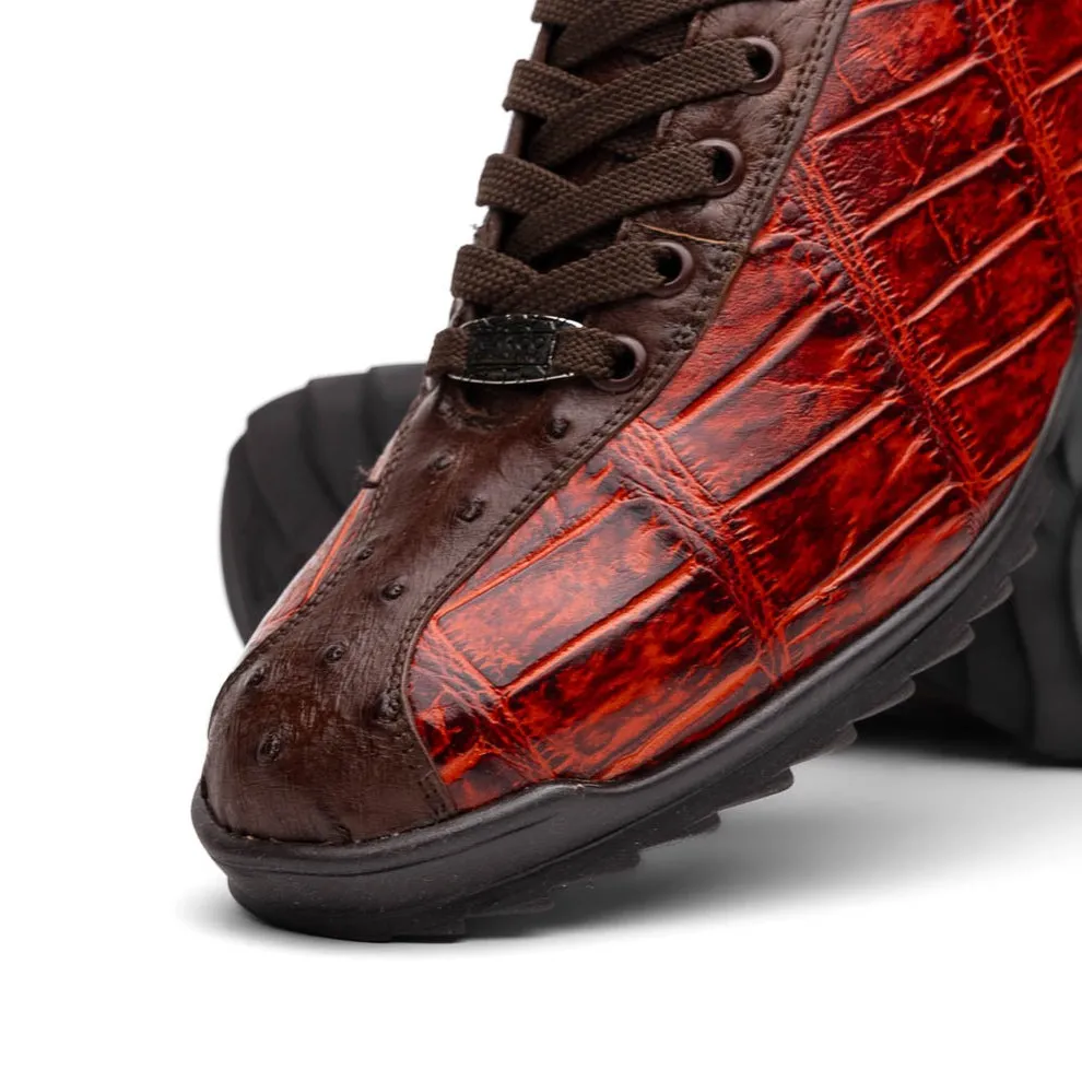 Marco Di Milano Saulo Men's Shoes Green & Cognac Exotic Ostrich / Alligator Casual Sneakers (MDM1045)