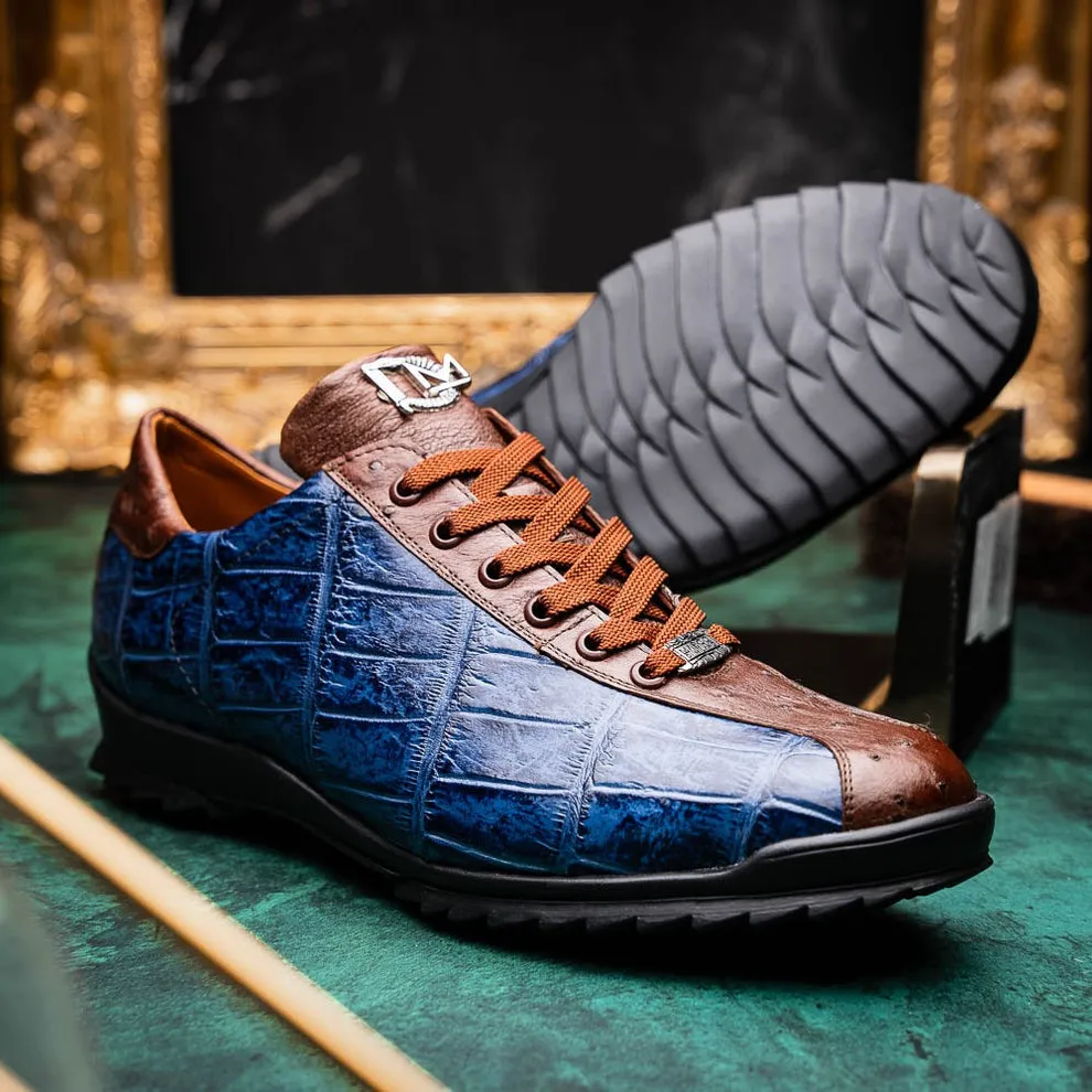 Marco Di Milano Saulo Men's Shoes Green & Cognac Exotic Ostrich / Alligator Casual Sneakers (MDM1045)