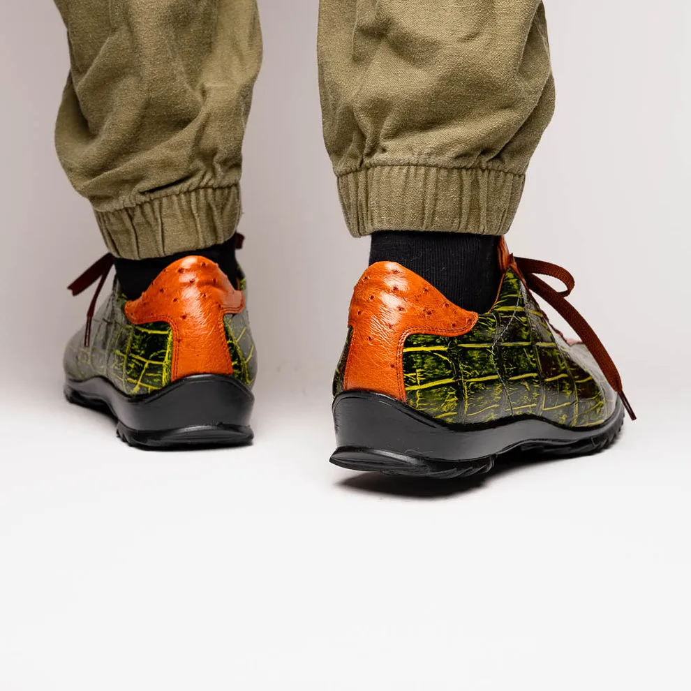Marco Di Milano Saulo Men's Shoes Green & Cognac Exotic Ostrich / Alligator Casual Sneakers (MDM1045)