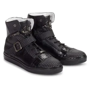 Mauri San Lorenzo 8515 Men's Shoes Fabric Baby Croc Calf Black Sneakers (MA4120)