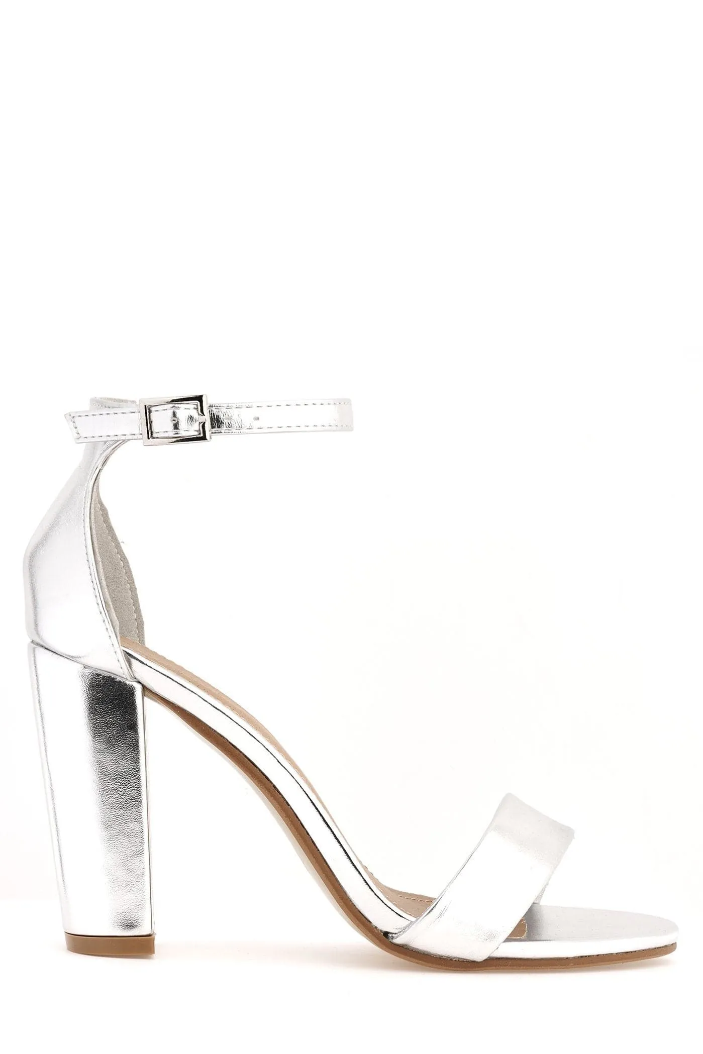 May Barely There Block Heel Ankle Strap Sandal in Silver