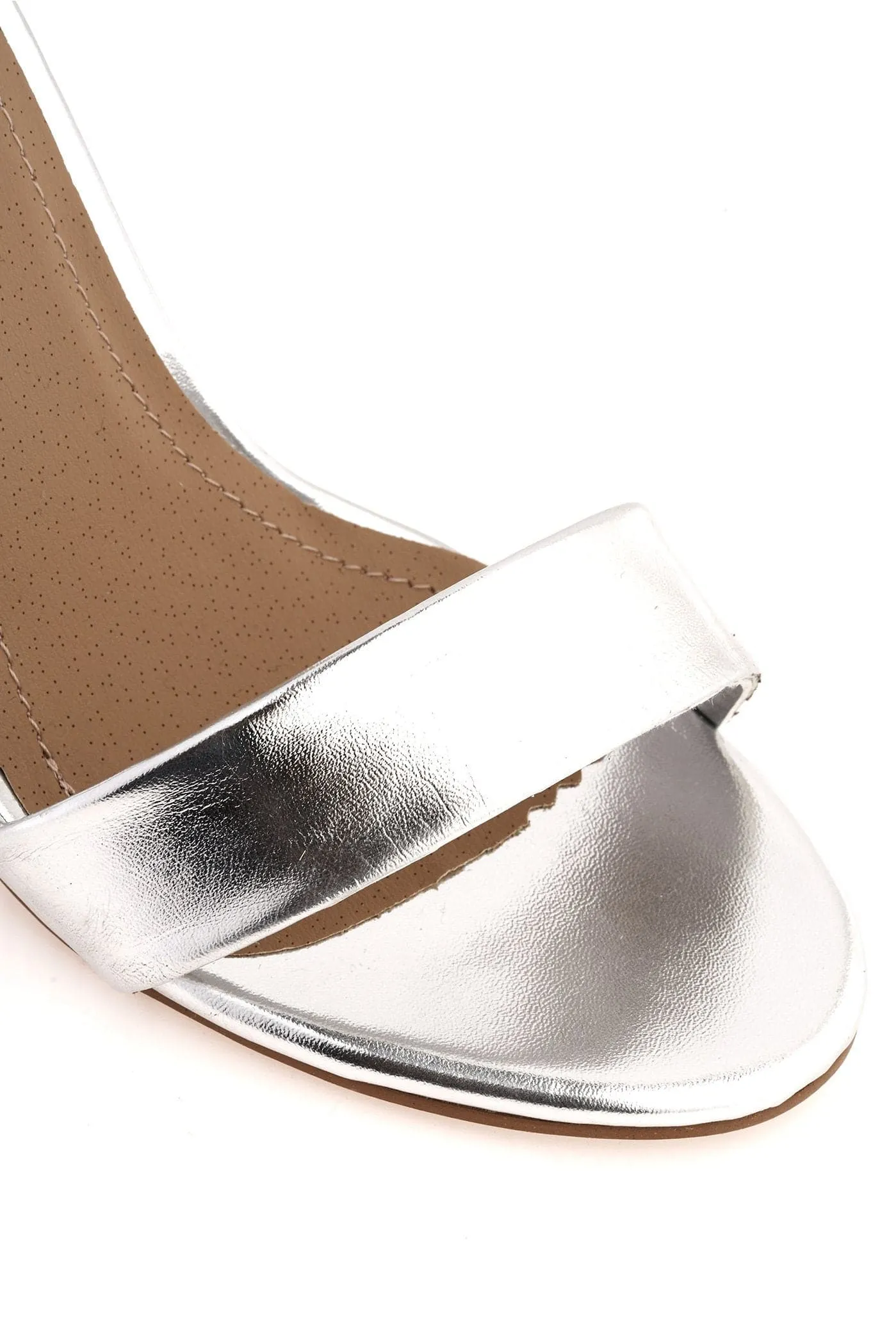 May Barely There Block Heel Ankle Strap Sandal in Silver