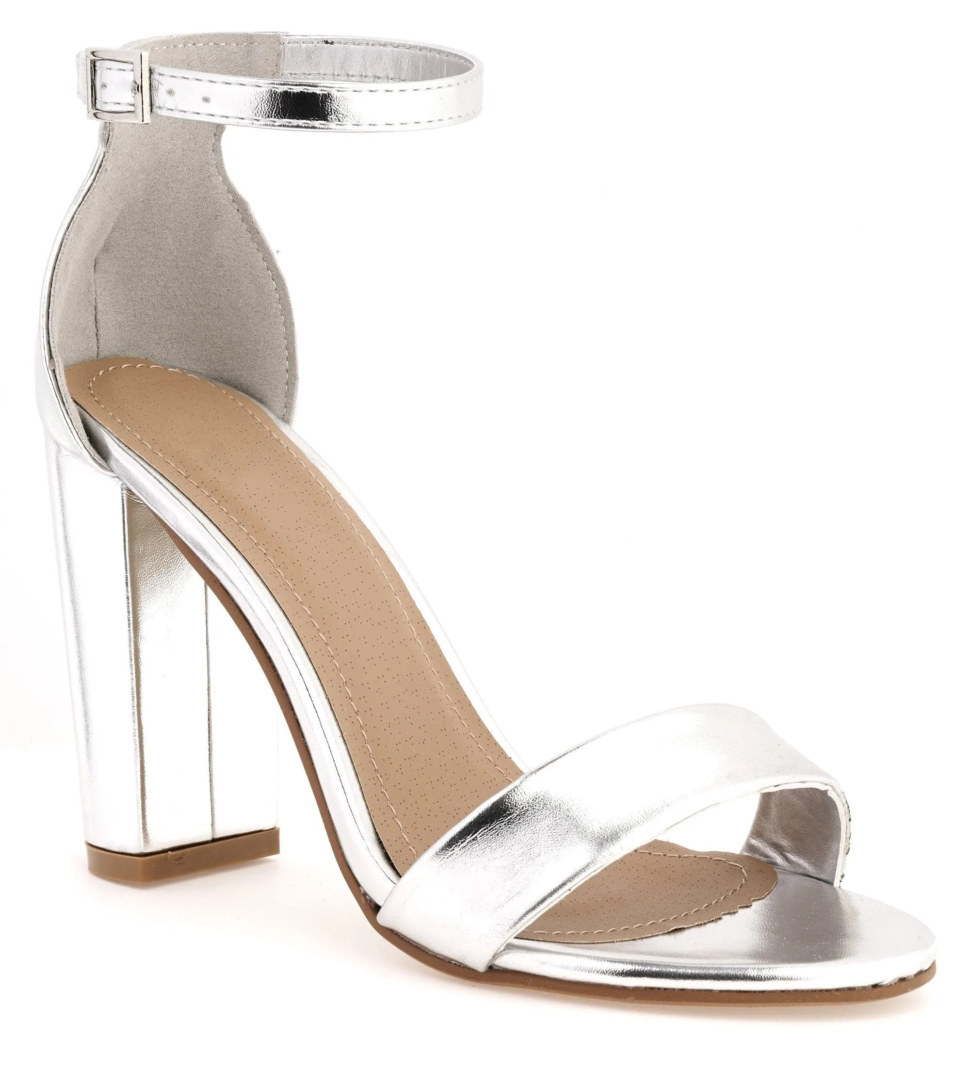May Barely There Block Heel Ankle Strap Sandal in Silver