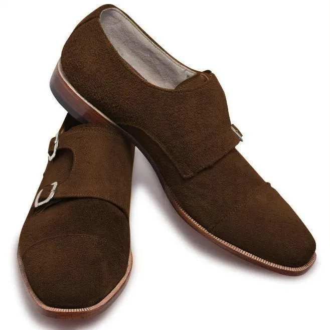 Men Brown Double Monk Suede Leather Shoes