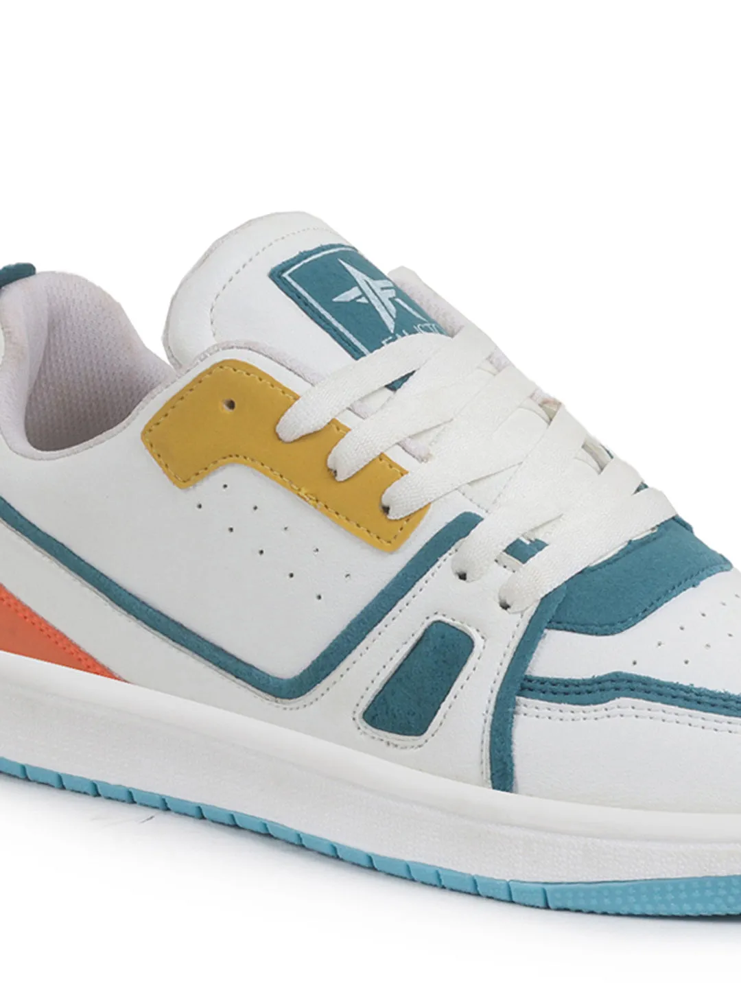 Men White Colorblocked Memory Cushion Insole Lace-Up Low Top Sneakers|Classic Comfortable Sneakers