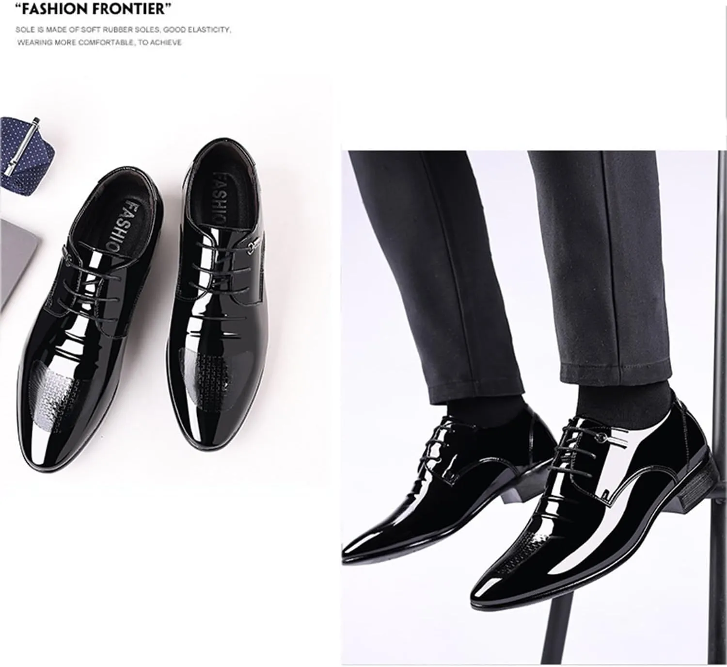Men's Black Dress Shoes Classic Lace-up Oxfords Formal Faux Patent Leather Tuxedo Derby Shoes for Men