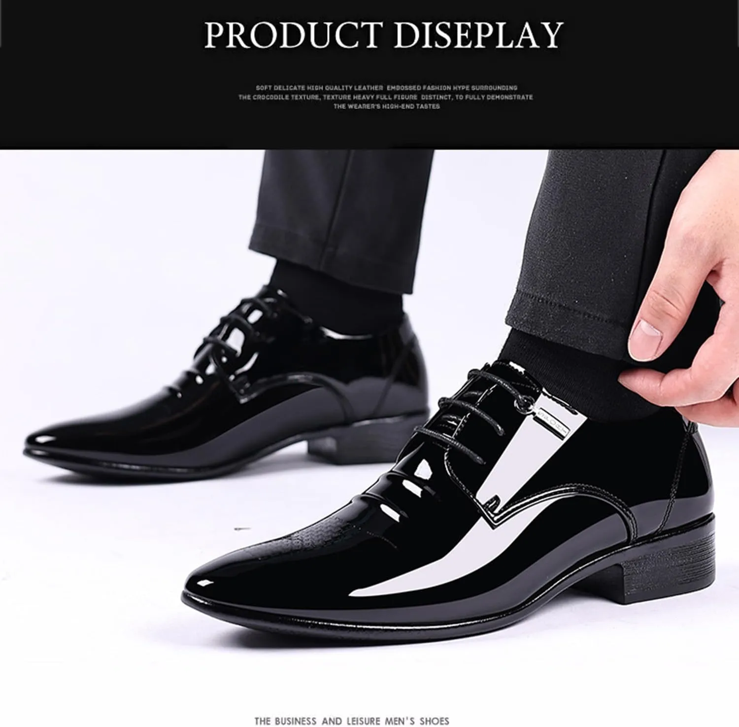Men's Black Dress Shoes Classic Lace-up Oxfords Formal Faux Patent Leather Tuxedo Derby Shoes for Men