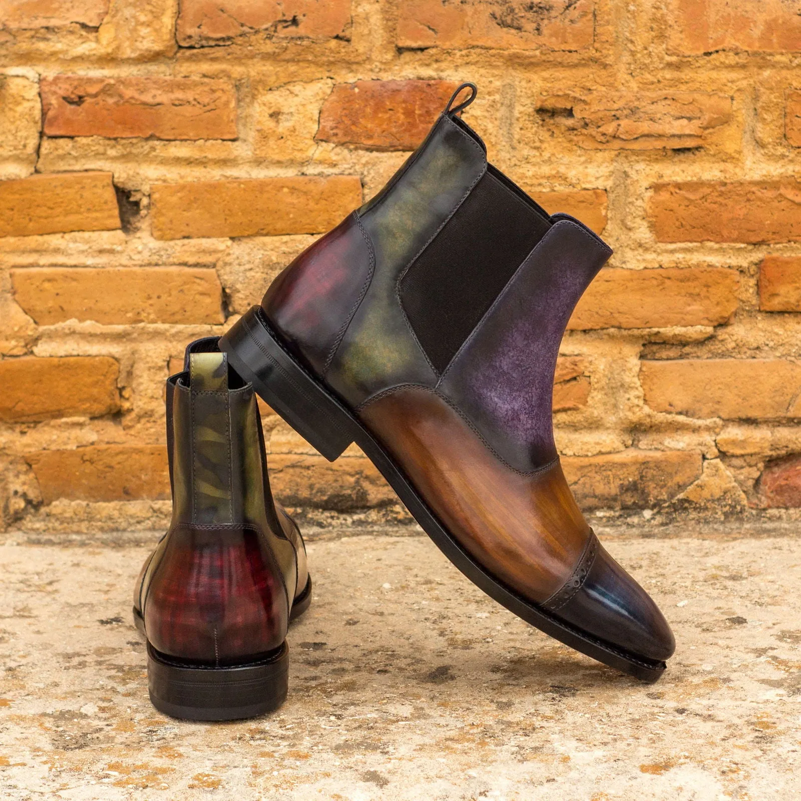 Men's Chelsea Multi Boots Patina Leather Goodyear Welt Wide Plus Size Blue Burgundy 3524