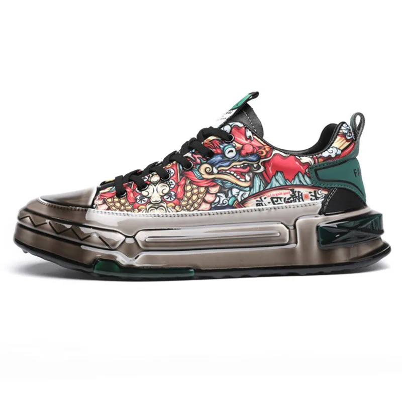 Men's Chinese Inspired Dragon Print Lace Up Sneakers