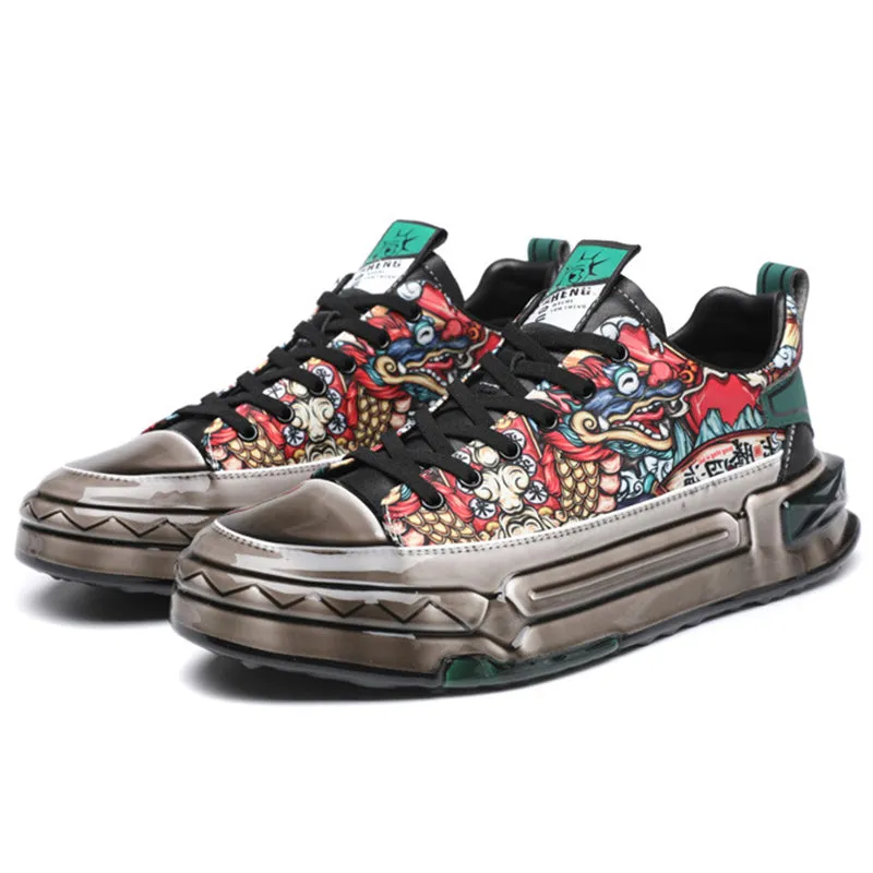 Men's Chinese Inspired Dragon Print Lace Up Sneakers