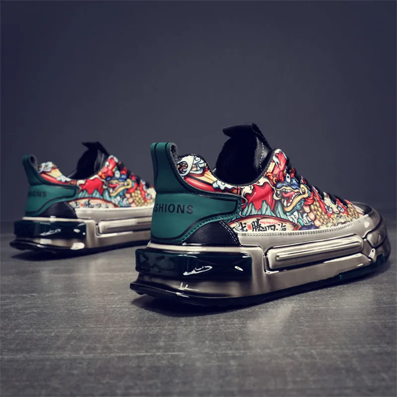 Men's Chinese Inspired Dragon Print Lace Up Sneakers
